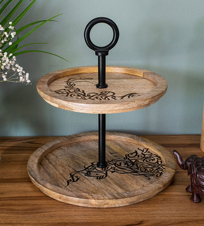 Wooden double-tier stand with Arabic graffiti etching