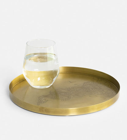 Brass round tray with contemporary Arabic graffiti etchings