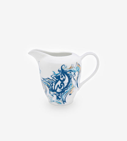 Contemporary creamer for tea set with Arabic calligraphy fluid art