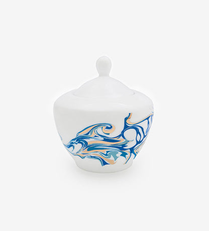 Contemporary sugar bowl for tea set with Arabic calligraphy fluid art