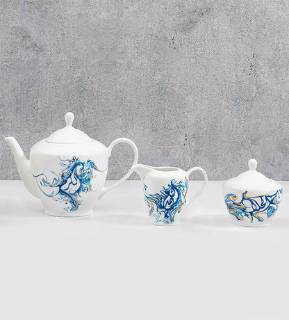 Contemporary sugar bowl for tea set with Arabic calligraphy fluid art