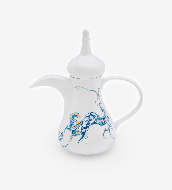 Contemporary porcelain Arabic coffee pot with Arabic calligraphy fluid art