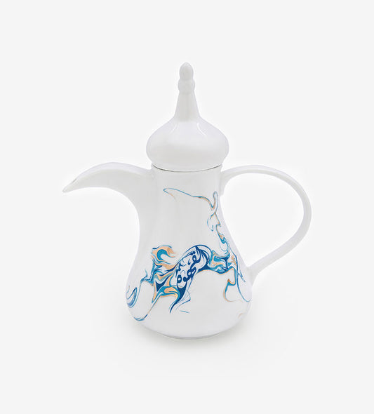 Contemporary porcelain Arabic coffee pot with Arabic calligraphy fluid art