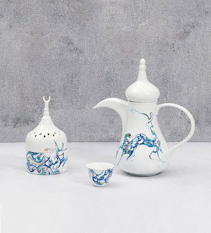 Contemporary porcelain Arabic coffee pot with Arabic calligraphy fluid art