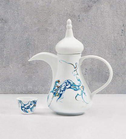 Contemporary porcelain Arabic coffee pot with Arabic calligraphy fluid art