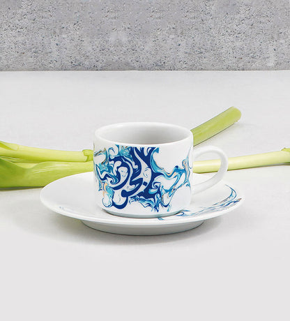 Contemporary porcelain espresso cups with Arabic calligraphy fluid art