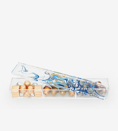 Contemporary transparent acrylic storage box with Arabic calligraphy fluid art