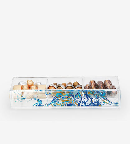 Contemporary transparent acrylic storage box with Arabic calligraphy fluid art