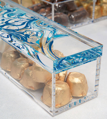 Contemporary transparent acrylic storage box with Arabic calligraphy fluid art