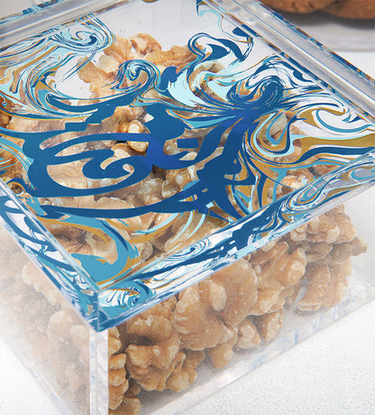 Contemporary transparent acrylic storage box with Arabic calligraphy fluid art