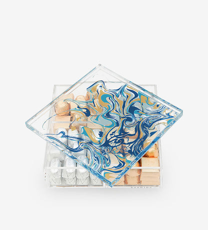 Contemporary transparent acrylic storage box with Arabic calligraphy fluid art