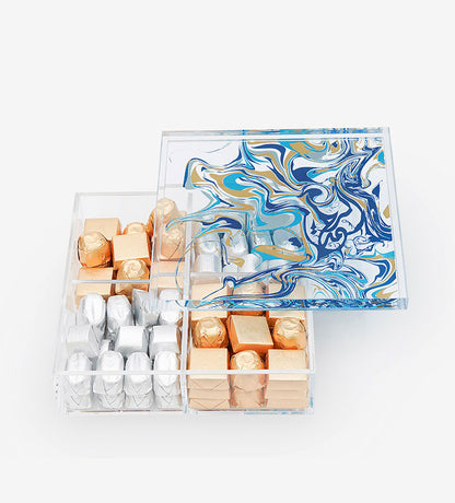 Contemporary transparent acrylic storage box with Arabic calligraphy fluid art