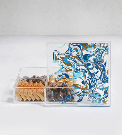 Contemporary transparent acrylic storage box with Arabic calligraphy fluid art