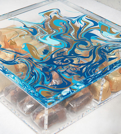 Contemporary transparent acrylic storage box with Arabic calligraphy fluid art