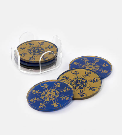 Set of six round acrylic coasters in royal blue and gold Arabic calligraphy pattern