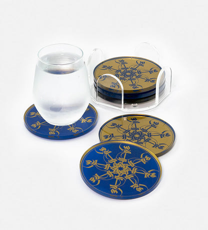 Set of six round acrylic coasters in royal blue and gold Arabic calligraphy pattern