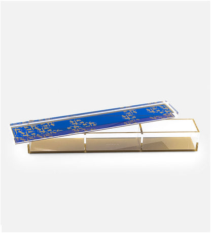 Rectangular printed Acrylic divided box in royal blue and gold with Arabic calligraphy pattern