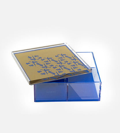 Large printed Acrylic divided box in royal blue and gold with Arabic calligraphy pattern