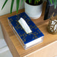 Modern acrylic tissue box with printed Arabic calligraphy pattern in royal blue and gold
