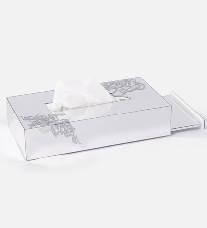 Mirror finish tissue box with modern Arabic calligraphy by Kashida