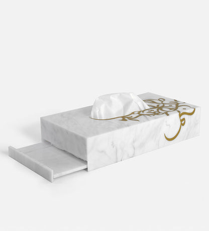 Contemporary acrylic tissue box with Arabic calligraphy fluid art