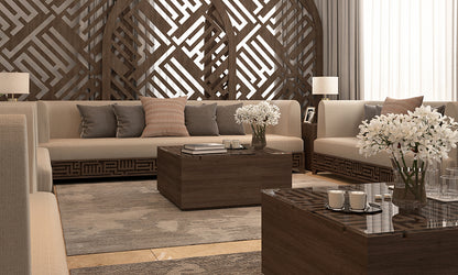 Arabic calligraphy furniture by Kashida designed within a modern majlis living room design 