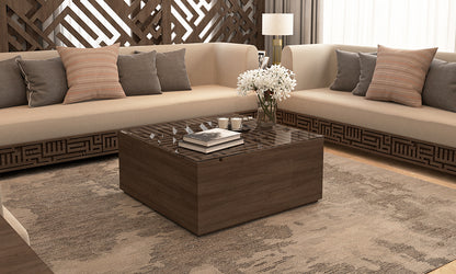 Arabic calligraphy furniture by Kashida designed within a modern majlis living room design 