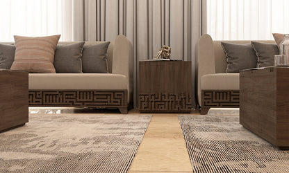 Arabic calligraphy furniture by Kashida designed within a modern majlis living room design 