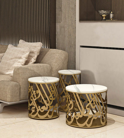 Modern marble and steel side table with Arabic calligraphy poetry 