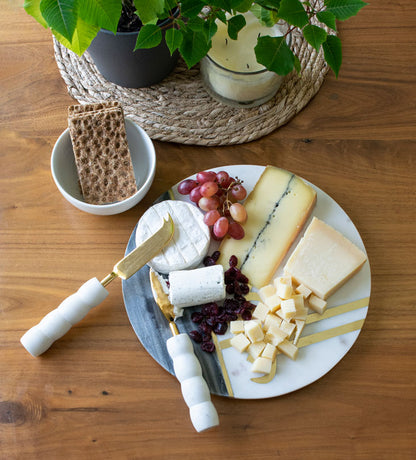 Beautiful Grey and white marble cheese board with brass inlay Arabic calligraphy by Kashida