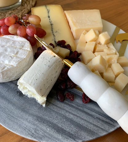 Beautiful Grey and white marble cheese board with brass inlay Arabic calligraphy by Kashida