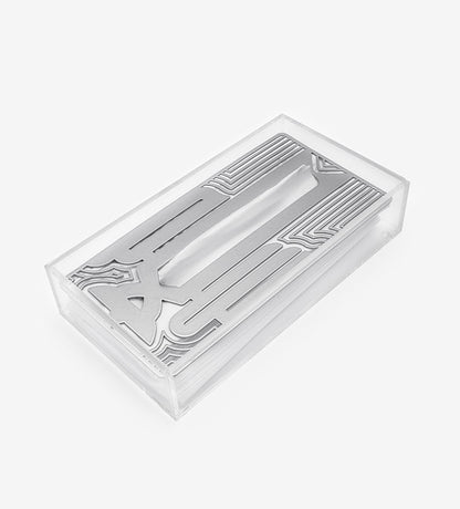 Metal and acrylic tissue box in Arabic calligraphy line art silver